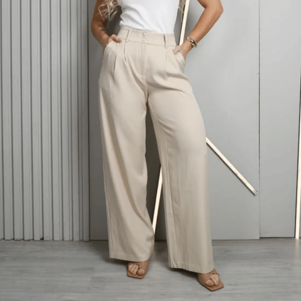 Calça Feminina de Alfaiataria Premium Com Botão Bolsos Cintura Alta Elastano Verão Executiva Social