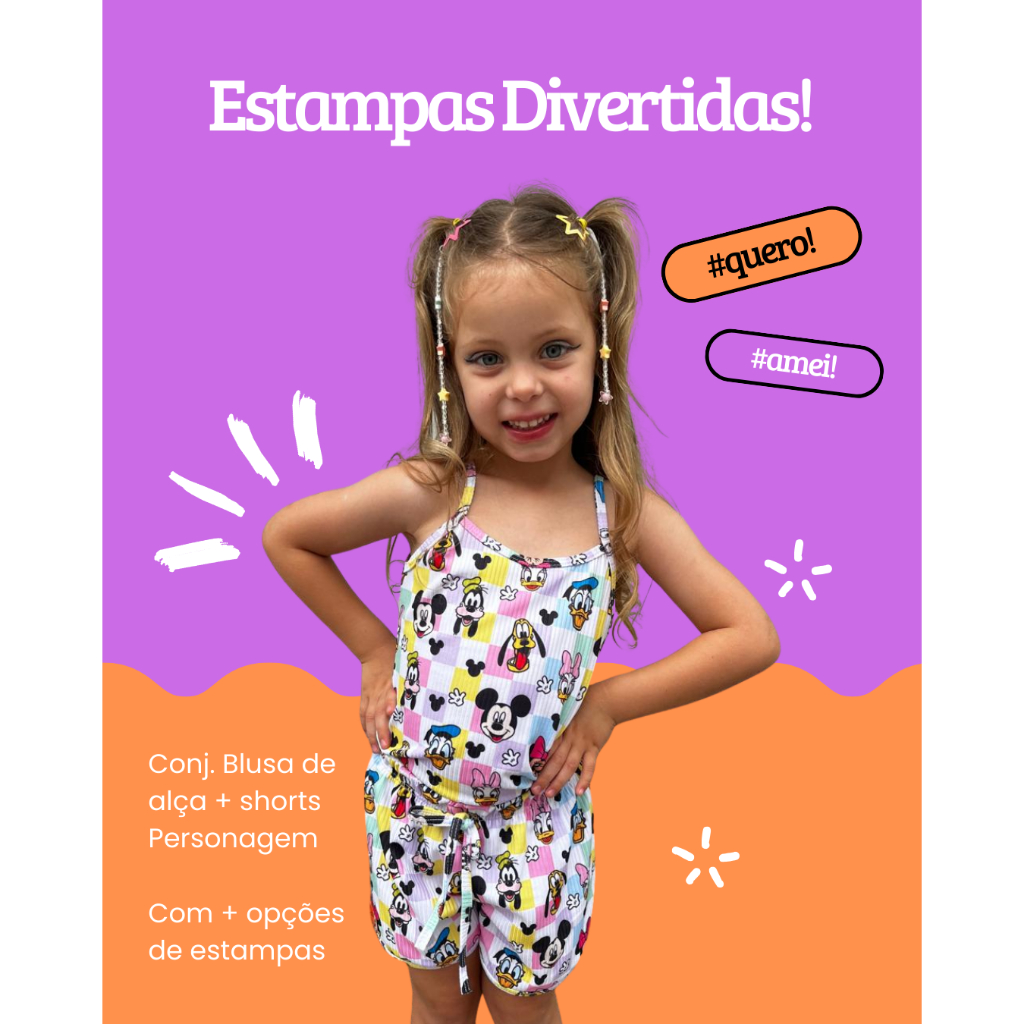 Conjunto Infantil Feminino Malha Canelada Verão - Blusa de alça + shorts soltinho Personagens