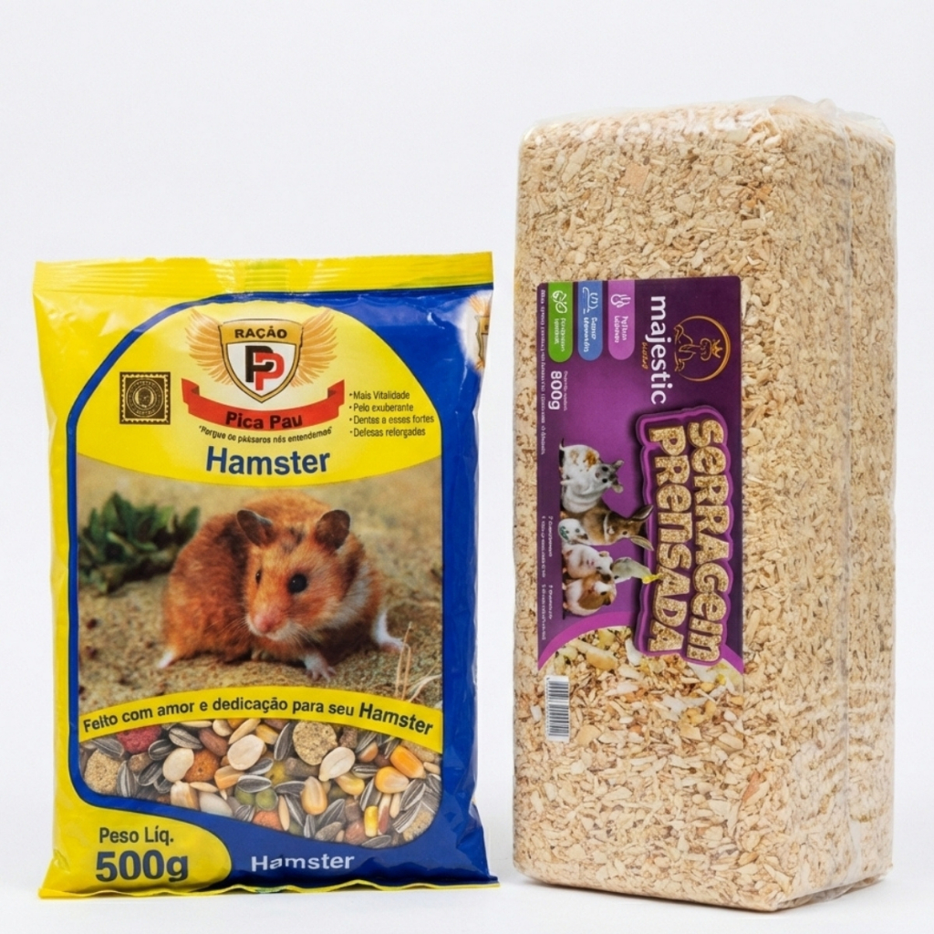 Kit Hamster Completo: Serragem Prensada 800g + Ração Mix 500g