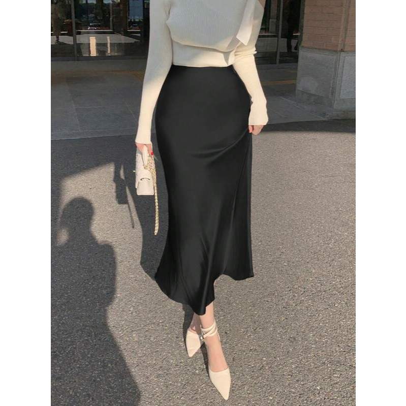 Saia Midi Cetim Elegante Acetinada Lisa Sereia Cintura Alta Ziper Modesta em Oferta na Shopee