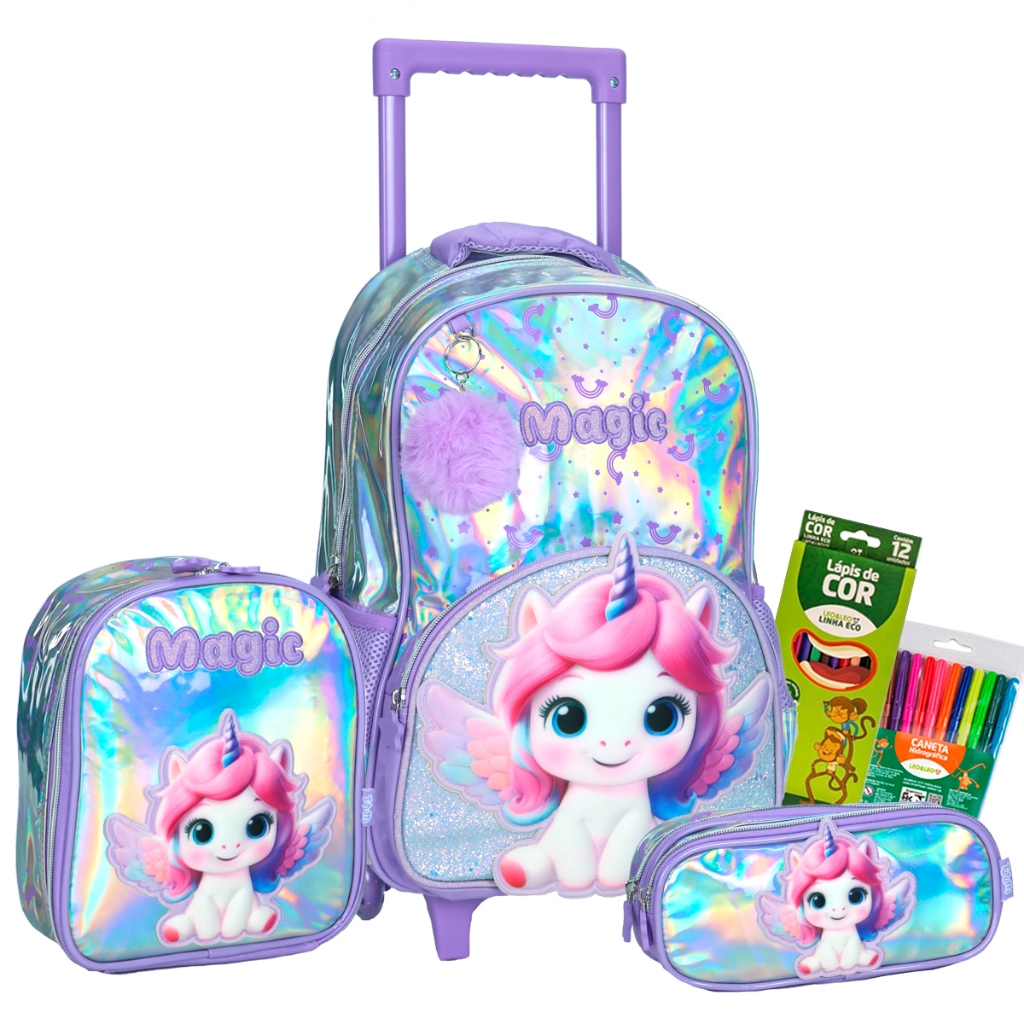 Kit mochila carrinho unicornio holografica lancheira estojo em Oferta na Shopee