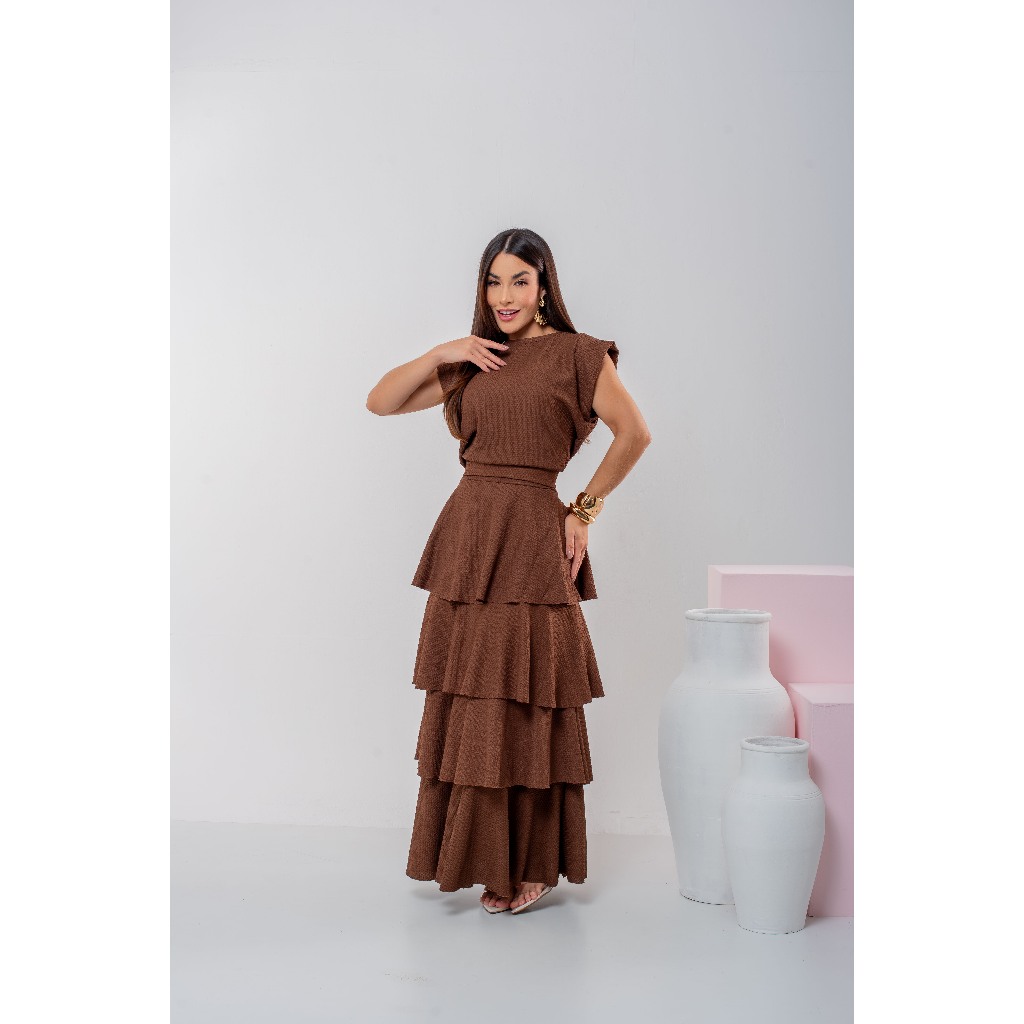 Conjunto Feminino Saia Longa Babados Blusa Gola Redonda Manga Curta Moda Evangélica Luxo Sofisticado em Oferta na Shopee