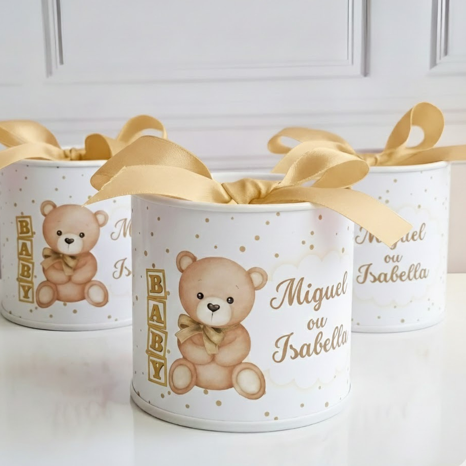 Mini Tubolata Personalizada  5x6 cm | Chá Revelação Dourado Bege  | Lembrancinha Aniversário Maternidade
