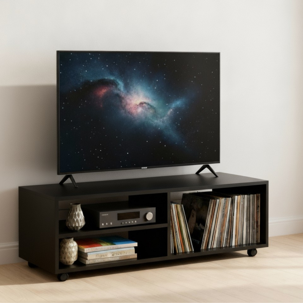 Rack Hack TV Baixo Rodízio Preto MDP Sala Quarto Nichos Minimalista Aparador Decorativo 43 Polegadas