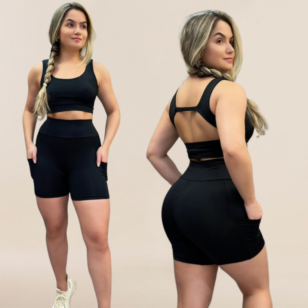 Conjunto Fitness Corrida Short e Top Feminino Academia Cintura Alta Com Bolso Suplex