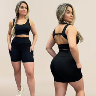 Conjunto Fitness Corrida Short e Top Feminino Academia Cintura Alta Com Bolso Suplex em Oferta na Shopee