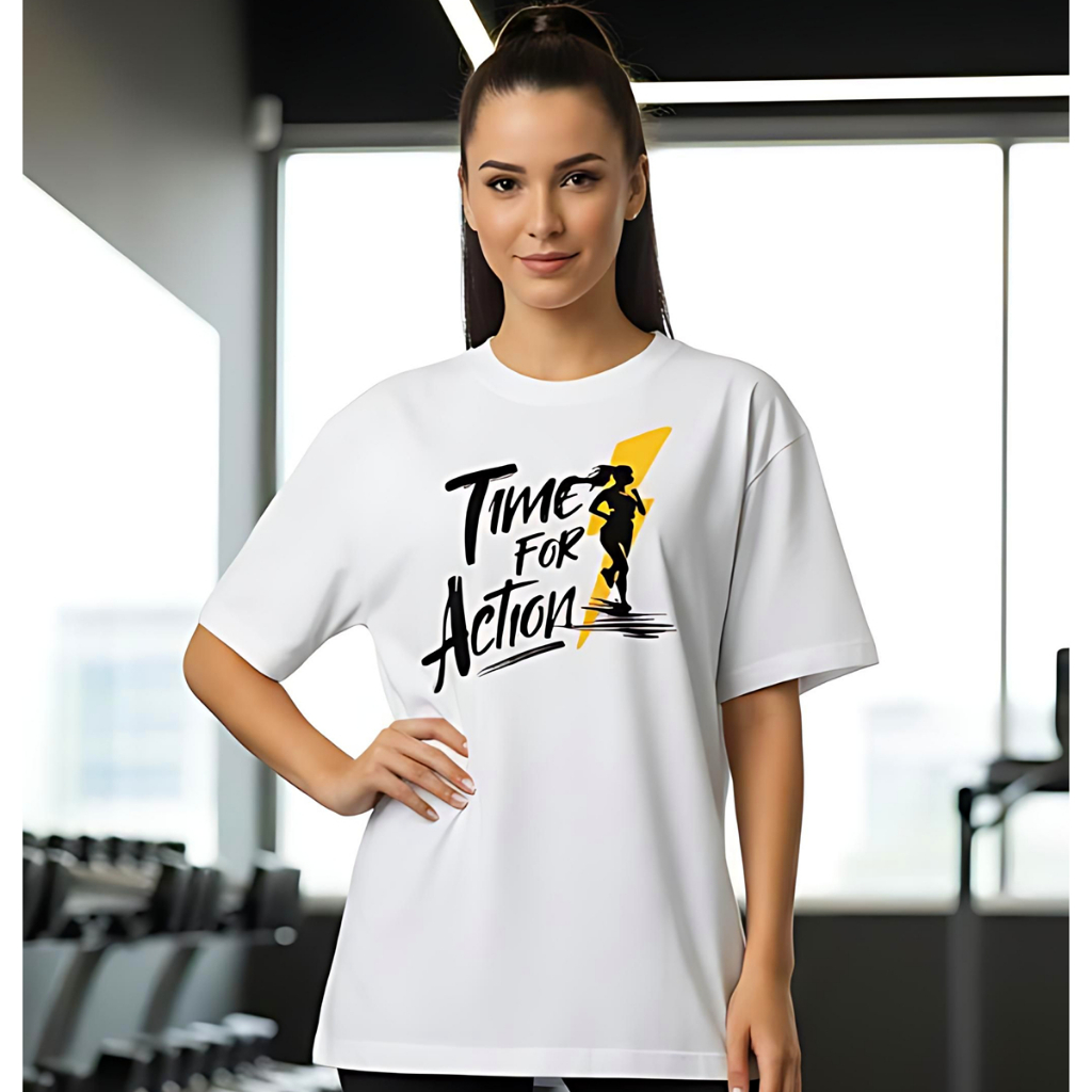Camiseta T-Shirt Oversized feminina  Estampada Time for Action – Moda Fitness