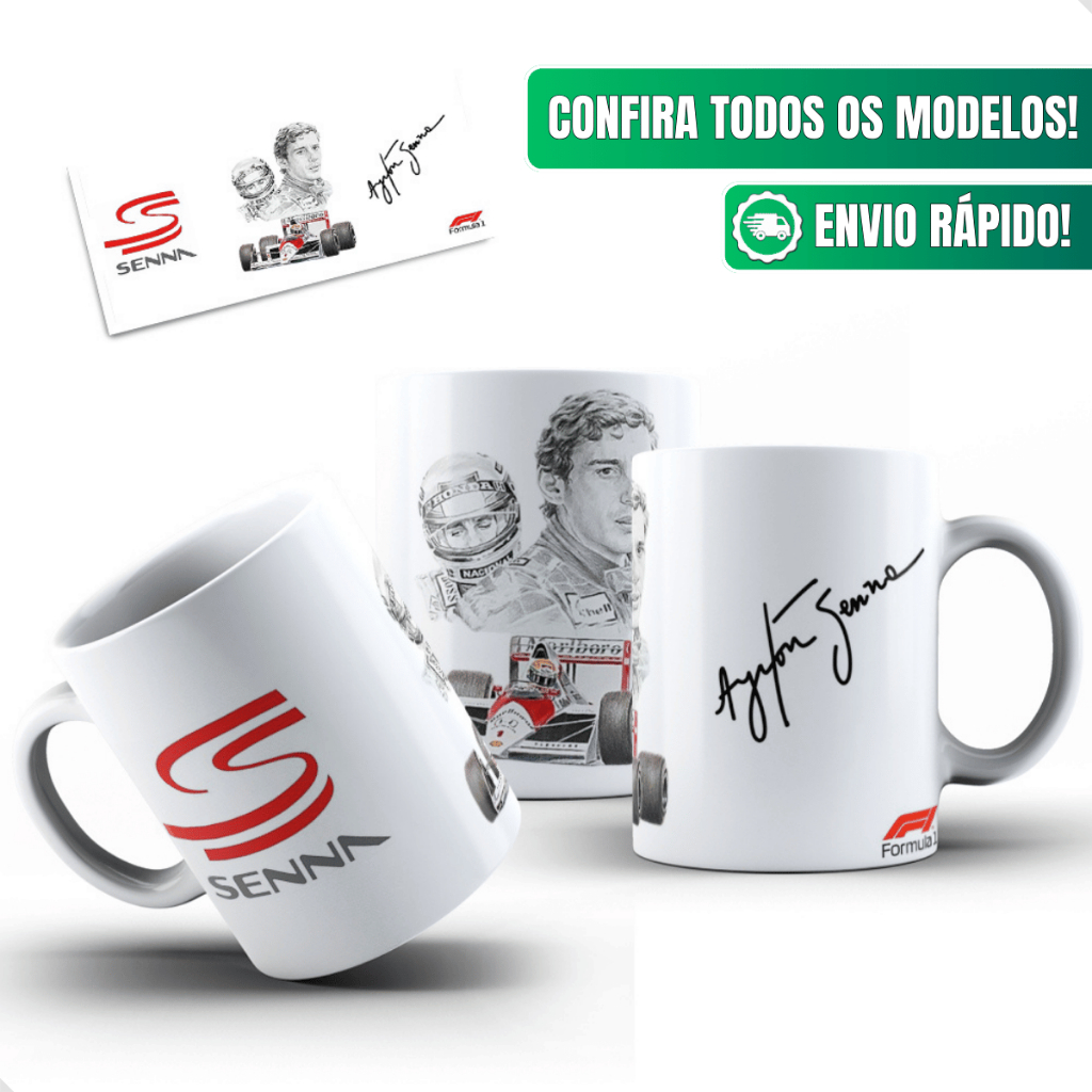 Caneca Ayrton Senna Ceramica Personalizada 325ml Logo Assinatura Autografo Airton Desenho Carro