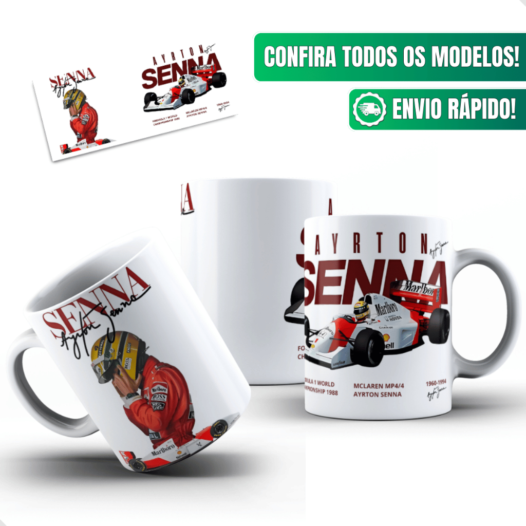 Caneca Ayrton Senna Ceramica Personalizada 325ml Ilustracao Minimalista Formula 1 McLaren