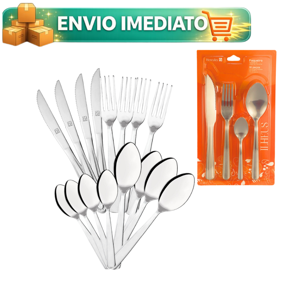 Jogo 16 Peças Talheres Inox Ilhéus Faqueiro Completo Mesa Cozinha Prata - Hercules