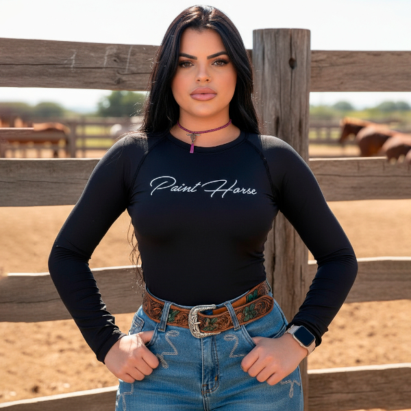 Camisa Country Proteção UV Feminina Farm Manga Longa Preta Termica Manga Longa Cowboy Barretos Agro