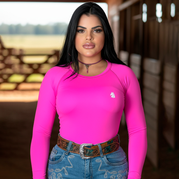 Camisa Country Proteção UV Feminina Manga Comprida Agro Rosa Termica Manga Longa Dia Dia Cavalgada
