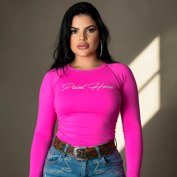 Camisa Proteção UV Feminina Térmica Manga Comprida Agro Rosa Western Cowboy Dia Dia Cavalgada