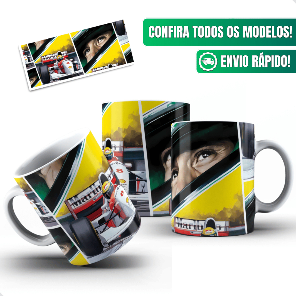 Caneca Ayrton Senna Ceramica Personalizada 325ml Olhar Piloto Capacete F1 Retrato Automobilismo