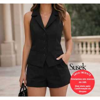 Conjunto Social Feminino Colete e Shorts Luis Twill Gola Colarinho 91119