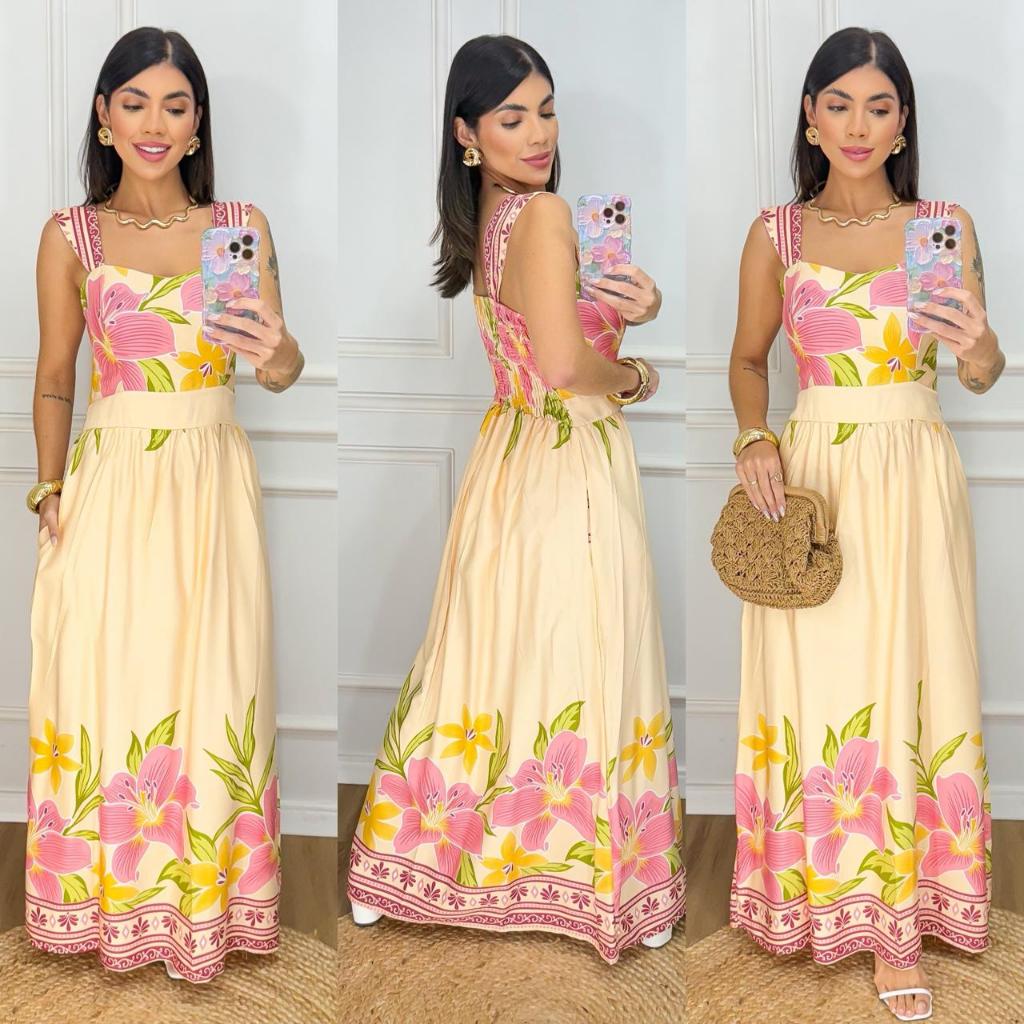 vestido longo feminino alsa ancha tecido viscolinho estampa floral elastex nas costas e liso con boyo e bolso lateral em Oferta na Shopee