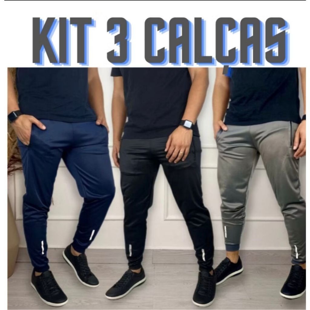 Kit Calça 3 Peças Dry Fit Academia Masculina Adulta com Bolso Zíper Flanelada Jogger quentinha