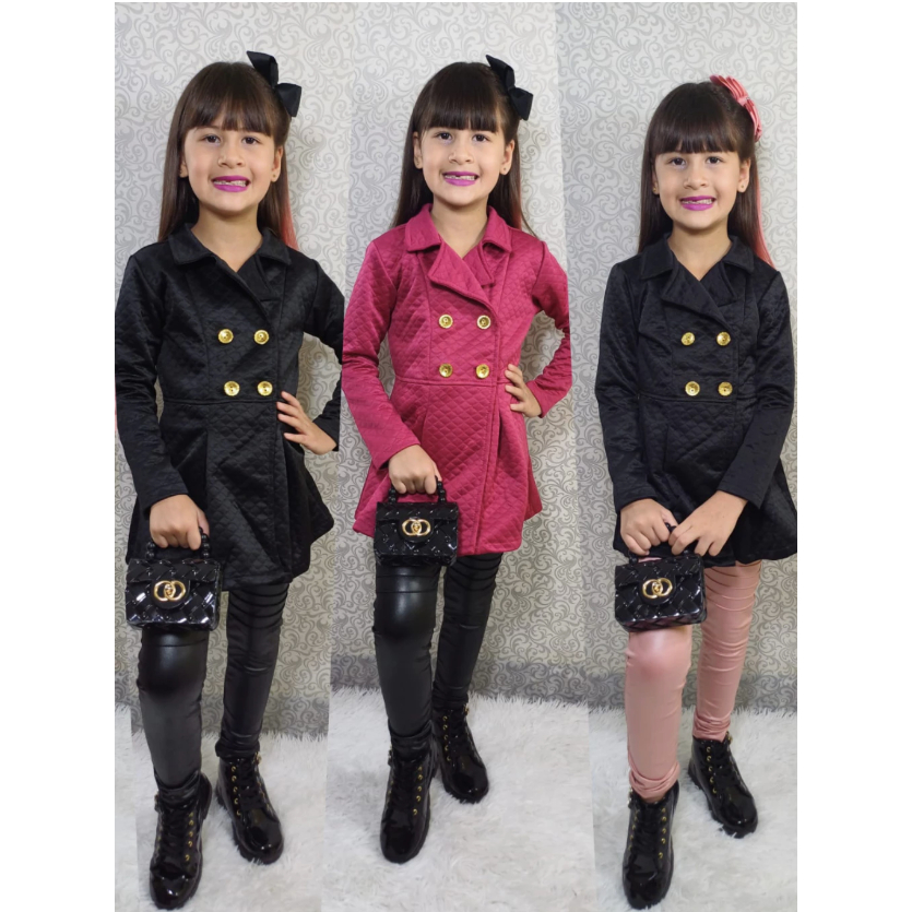 Casaco SobreTudo Infantil Menina Bloguerinha Manga Longa Gola Lapela Botoes Frontal Tam 2 ao 10