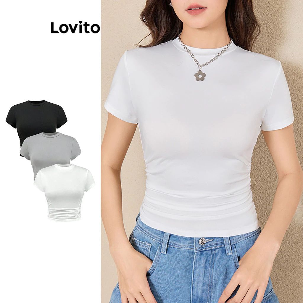Lovito Blusa Casual Feminina Franzido Lateral TSB109MD411 em Oferta na Shopee