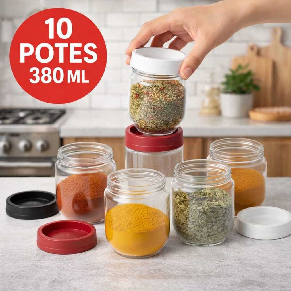 Kit Com 10 Potes 380 ML Porta Temperos Condimentos Com Tampa Pratica Gira Trava Empilhavel Pratico Organização Cozinha