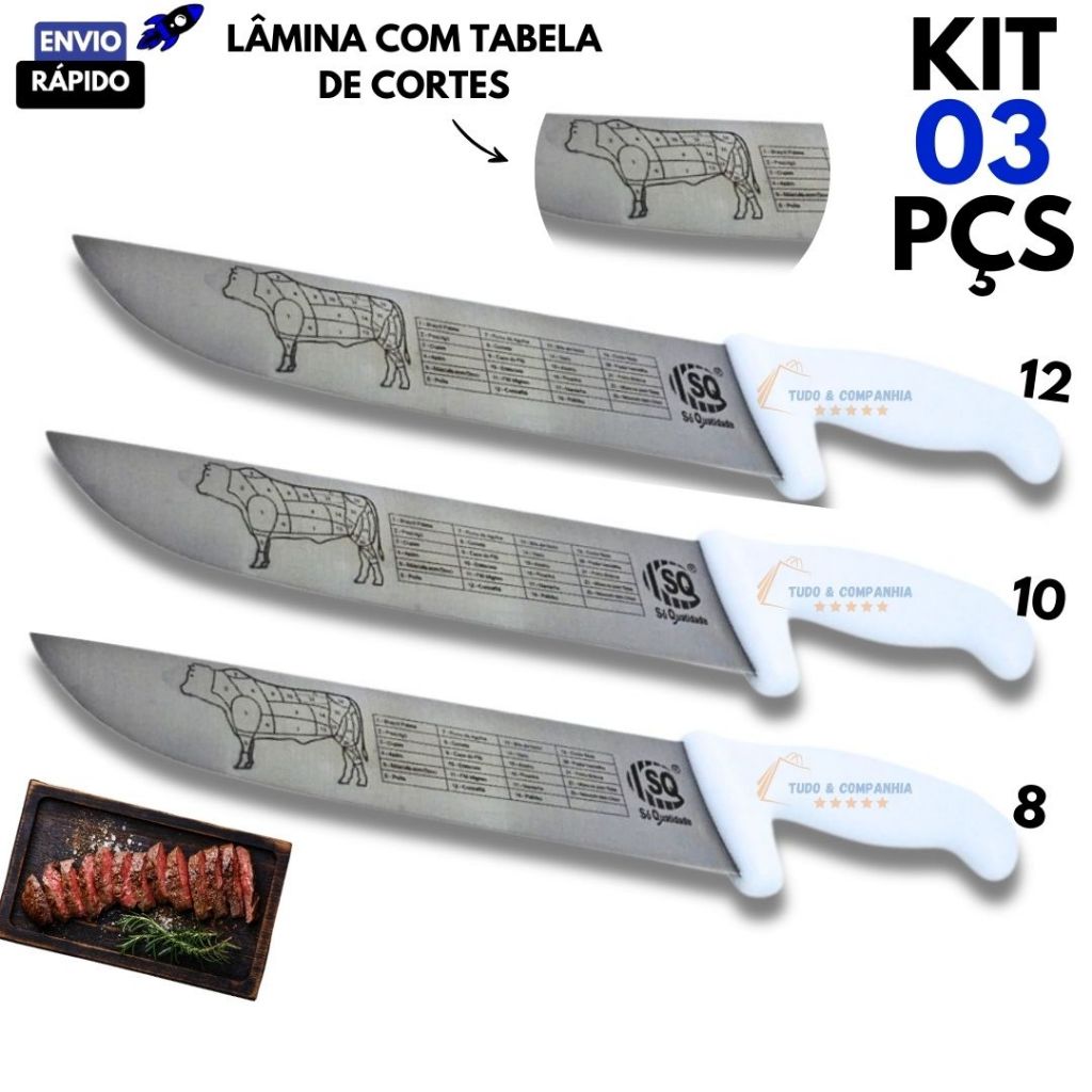 Imagem Kit 3 Peças Faca Profissional Açougueiro Churrasqueiro 8" 10" 12" em Aço Inox