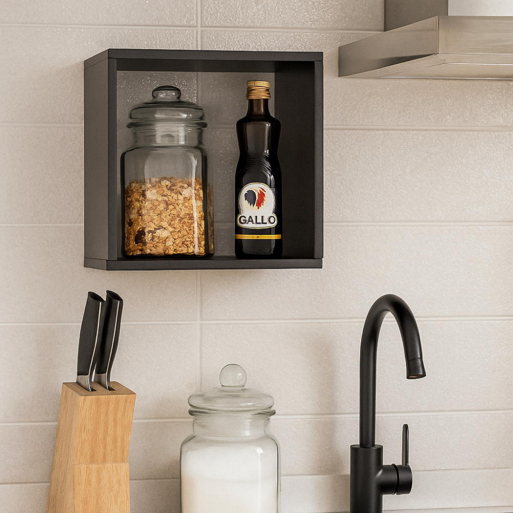 Nicho Quadrado Parede 30x30x20 Preto MDP Decorativo Flutuante Colmeia Quarto Sala Infantil Cubo