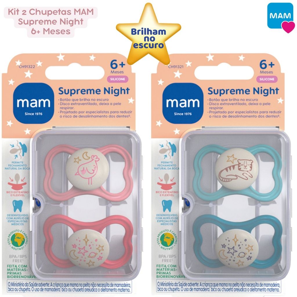 Chupeta MAM 6+ Meses Supreme Noturna Brilha no Escuro Embalagem Dupla Caixa para Esterilizar Bico Bebê Silicone Original
