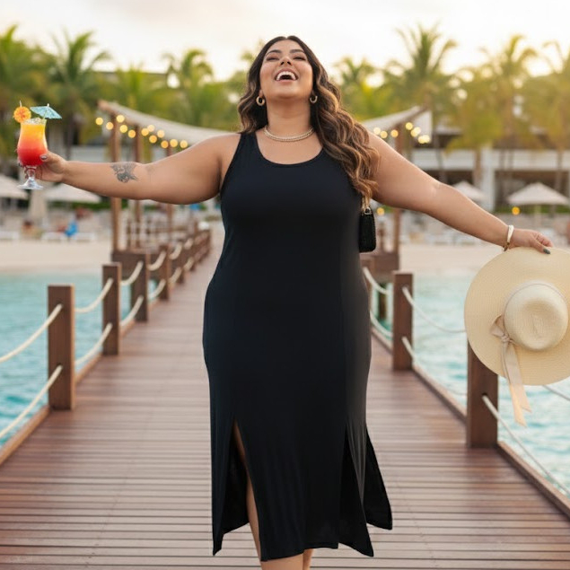 Vestido Midi Regata Com Fenda Plus Size Regata Midi Feminino Soltinho Casual Verão Férias