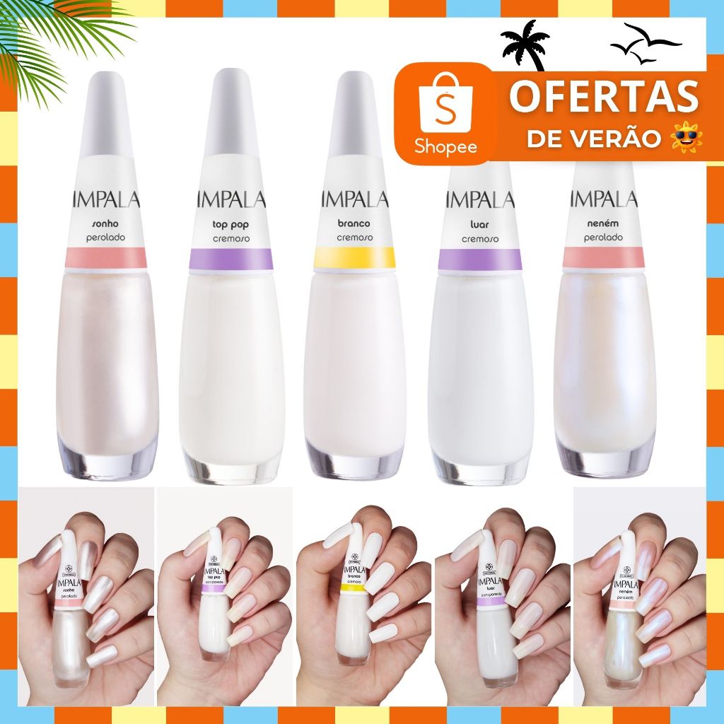 Kit 5 Esmalte Impala Francesinha Branco Clarinho Perolado Cremoso