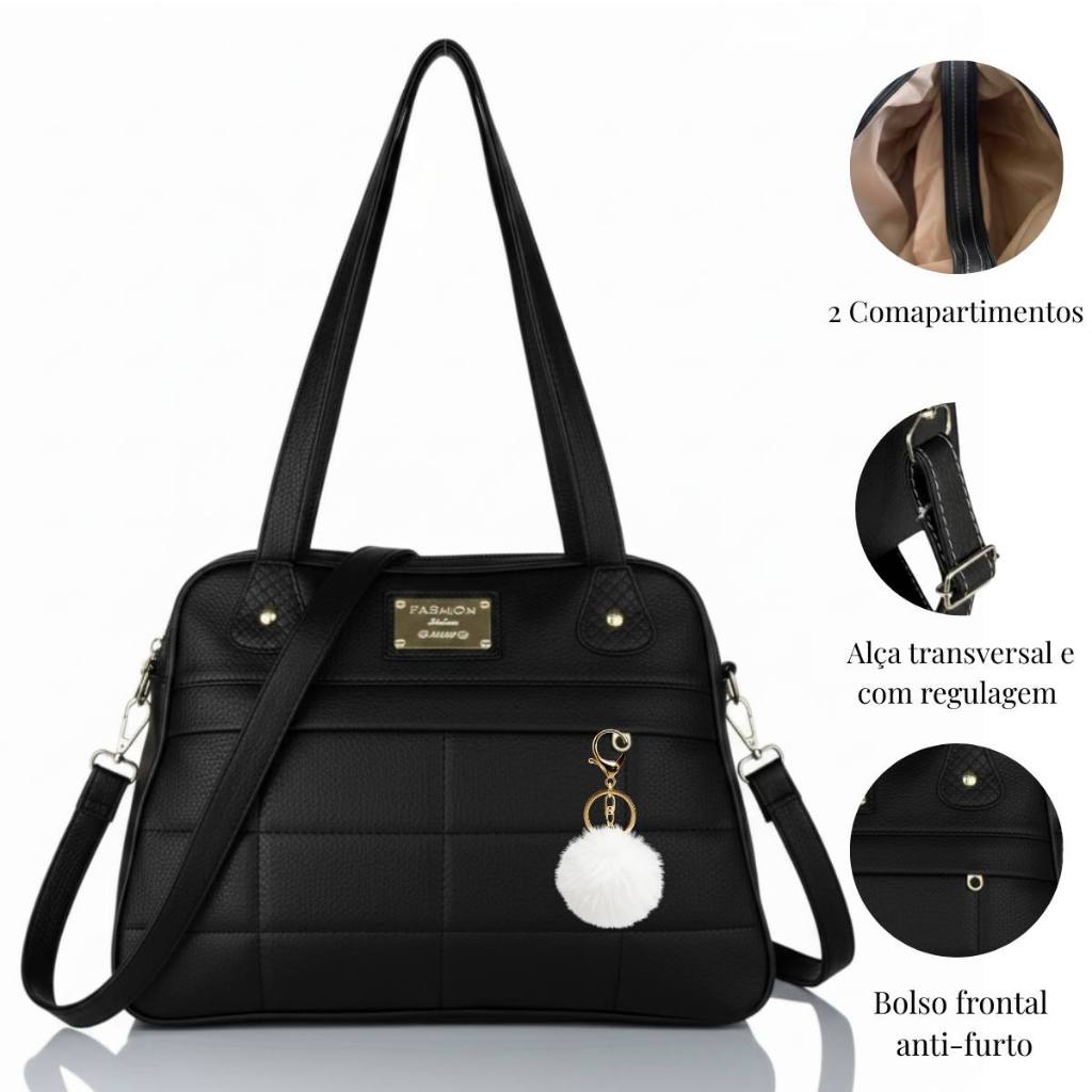 Bolsa Feminina Transversal 2 Divisorias e 2 Alças + Chaveiro Pom Pom Espaçosa Trabalho Dia a Dia em Oferta na Shopee