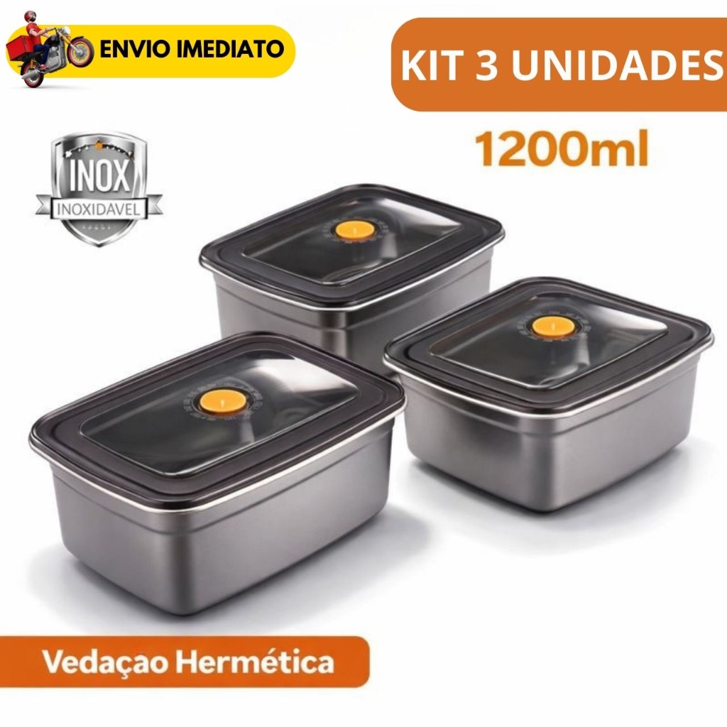 Imagem Pote Inox com Tampa hermética 1200ml Grande Vasilha Marmita Multiuso Freezer Alimentos Cozinha Organização Fitness