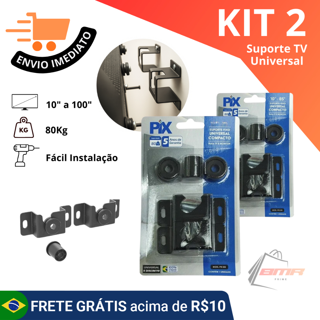 Suporte Fixo Universal Compacto Para TV e Monitor 10” a 100” – 80kg, Preto, com Parafusos.