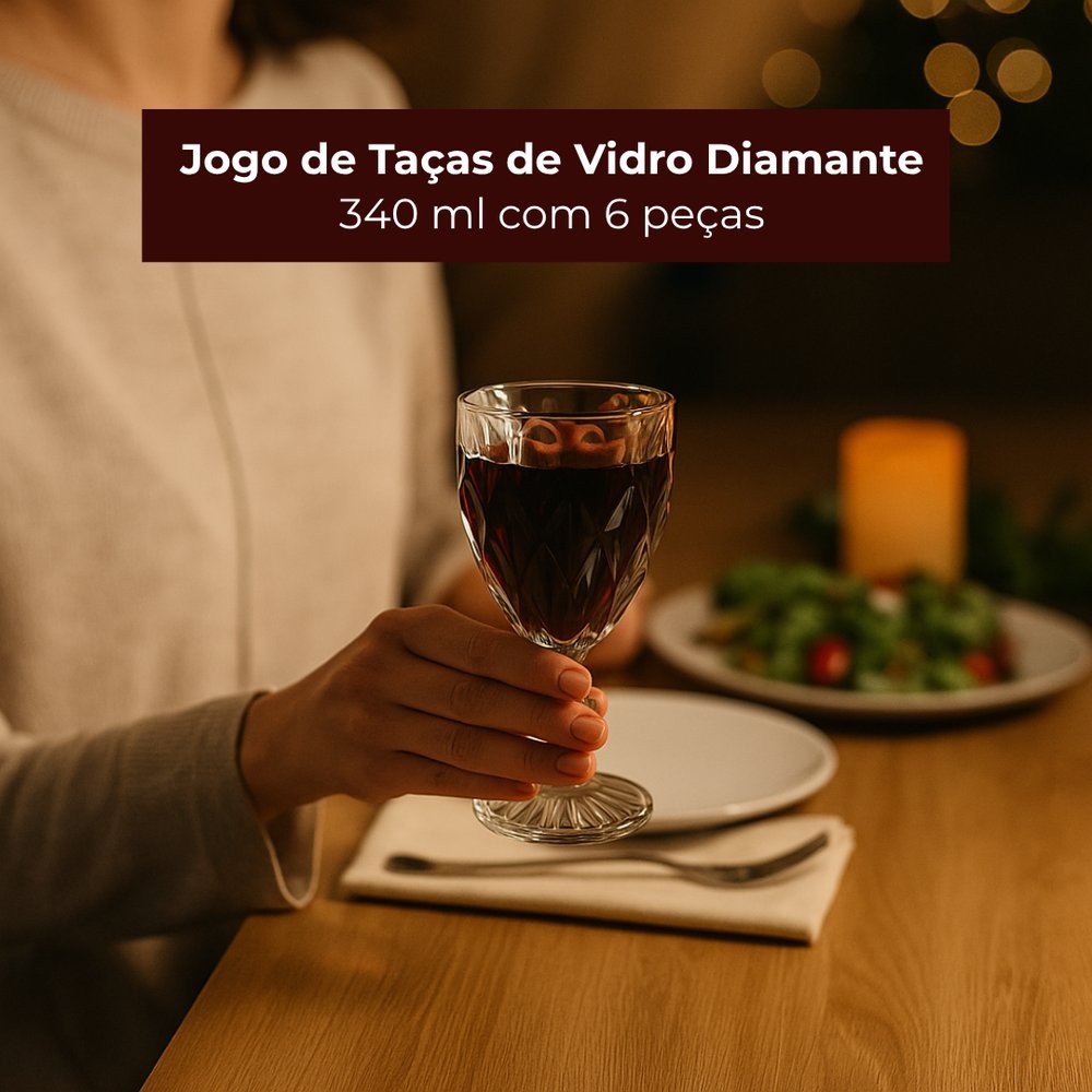 Jogo de 6 Taças de Vidro Diamante 340ml, Conjunto Taça de Vinho, Sobremesa, Copo