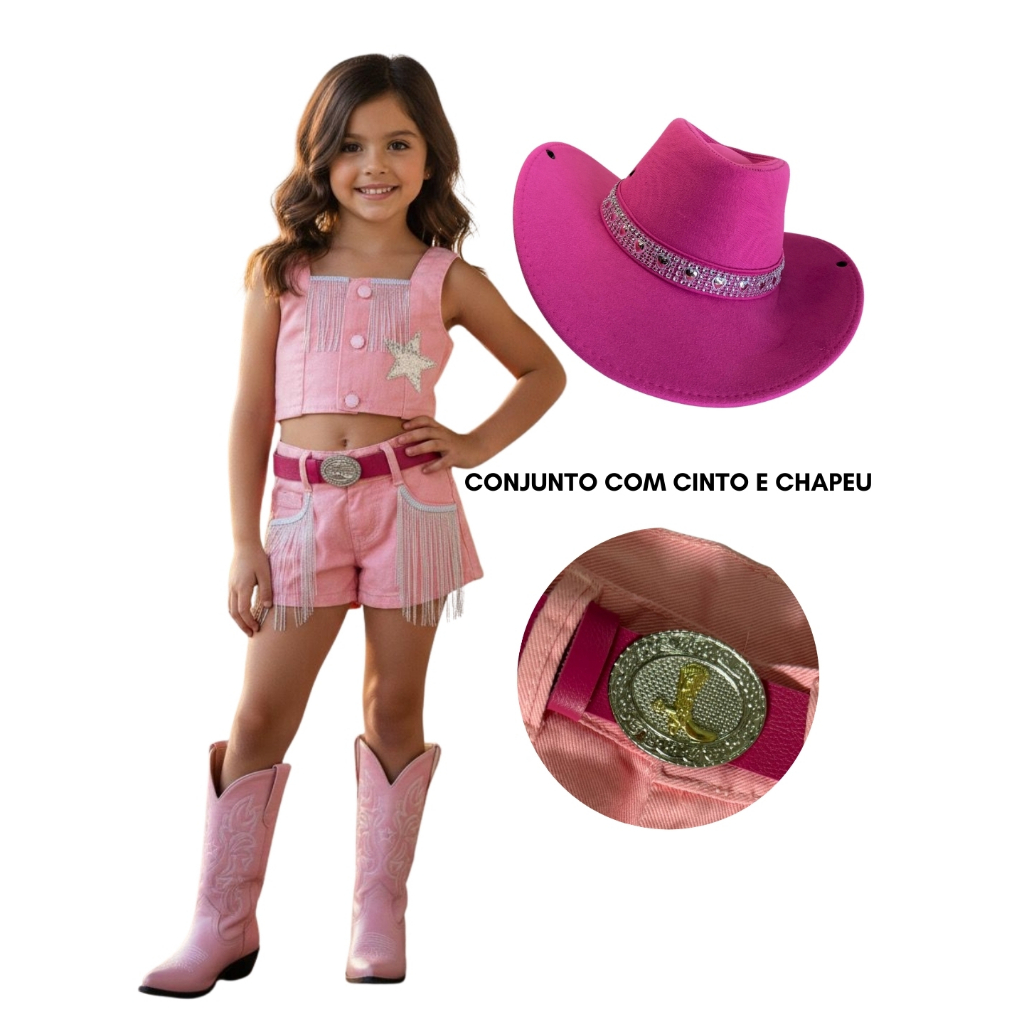 Kit Country Luxo Rosa Infantil Menina Cropped Short Franjas Cowboy Boiadeira Com Chapéu e Cinto em Oferta na Shopee