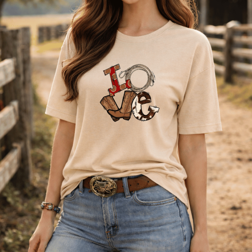Camiseta Feminina Estampada ao Estilo Country Estampa DTF Camisa Cáqui 100% Algodão Rodeio Moda Country