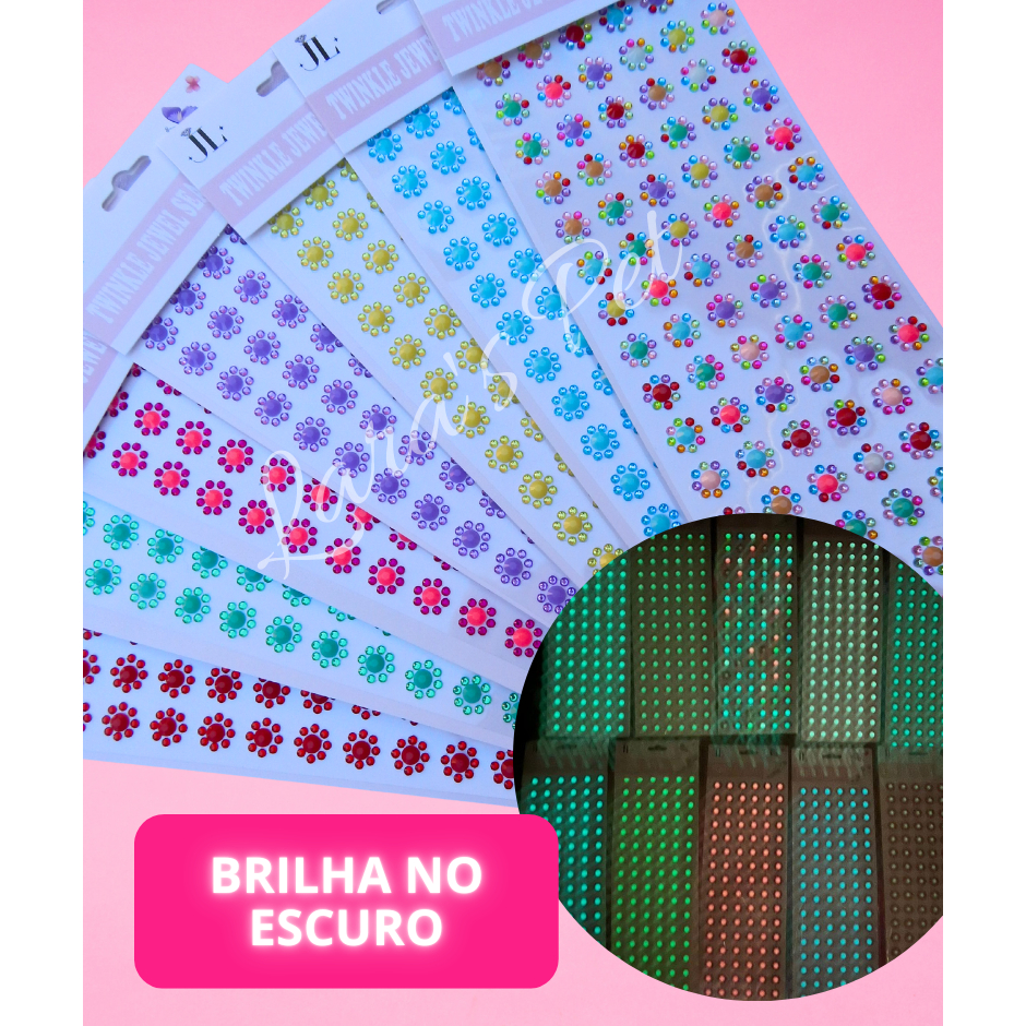 Cartela de Brilhos Adesivos que brilham no escuro - 3 unidades com 96 apliques por cartela