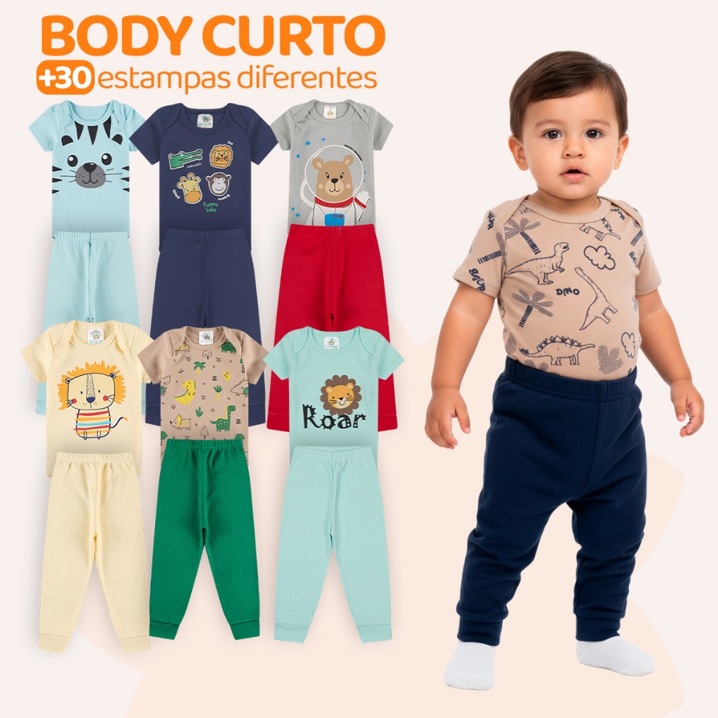 Kit 4 Peças de Roupas para Bebê Menino (2 Body Curto + 2 Calça Mijão) Kit 2 Body Roupa Infantil Bebê