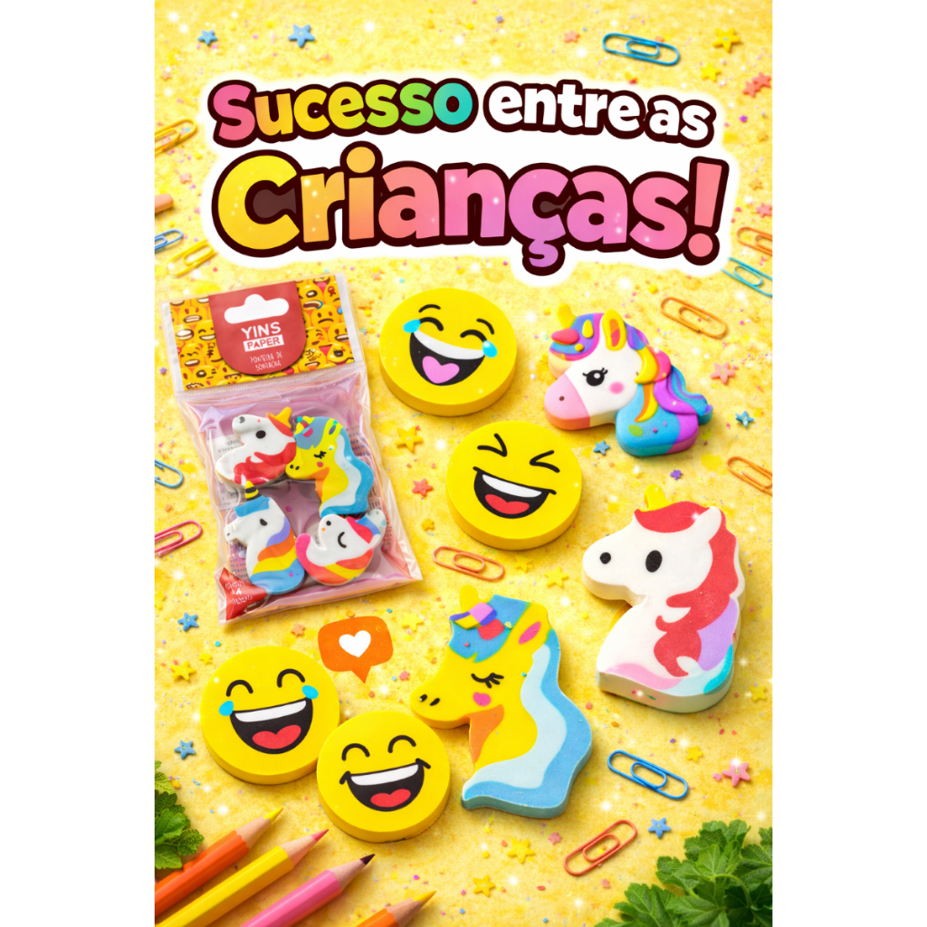 Kit 4 Borrachas Ponteira Escolares Divertidas Emoji e Unicórnio Kit Infantil Escolar Volta as Aulas