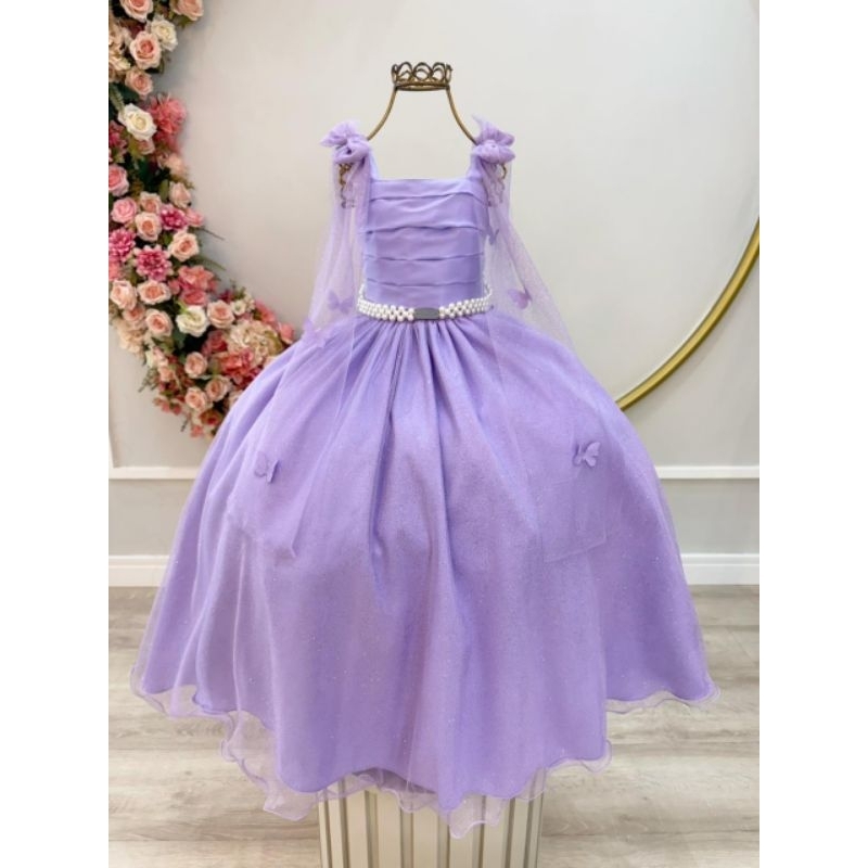 Vestido Infantil Longo Lilás Aplique Borboletas Festas Dama Luxo Casamento Formatura