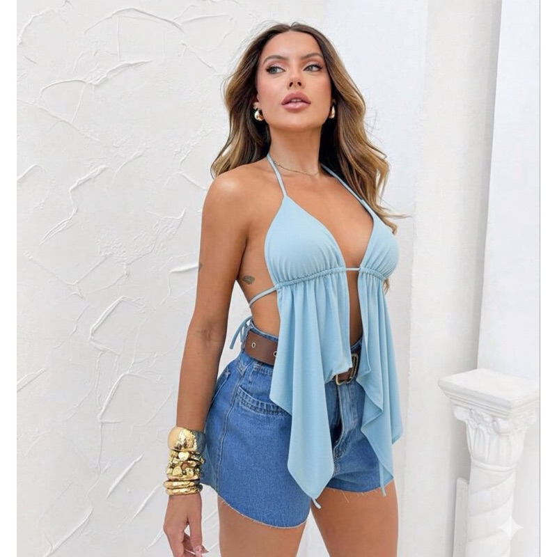 Cropped Bata Borro Top Blusa Cortininha Frente única Malibu Bata babado costas nuas tendência moda Cropped