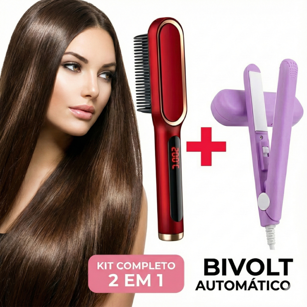 Escova Alisadora Profissional 5 em 1 + Mini Chapinha Portátil Bivolt Prancha Pente Alisador Cabelo