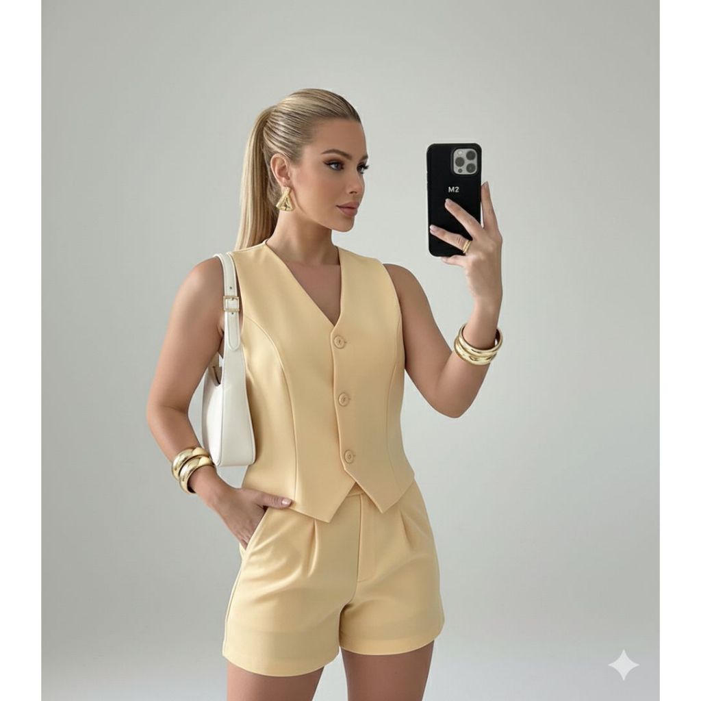 Conjunto Alfaiataria Feminino Estilo Moderno Colete e Short com Botões Moda Executiva e Casual em Oferta na Shopee