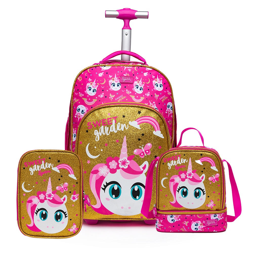 Hang Loose 3 em 1 Mochila grande Kit Mochila Feminina Escolar Lancheira Estojo Unicórnio Haste de tração