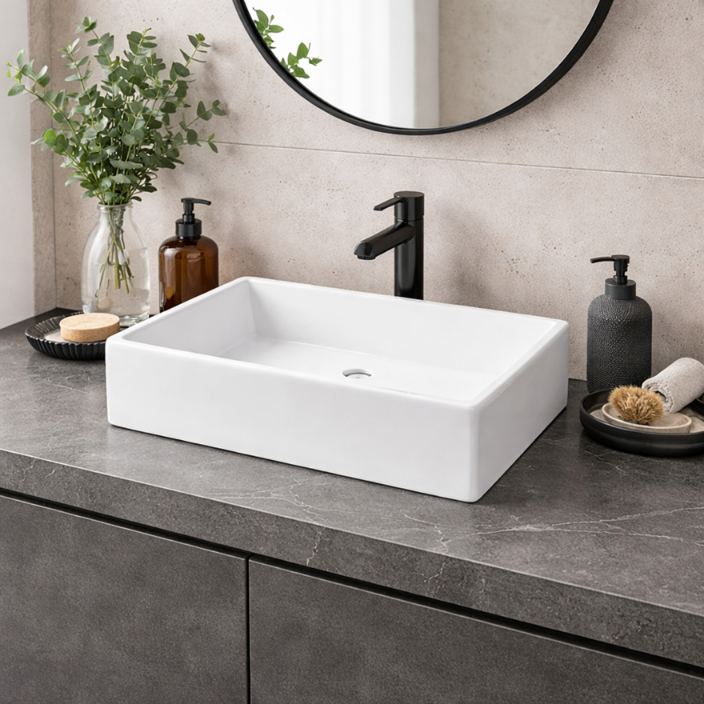 Pia Para Banheiro Cuba de Sobrepor Apoio Lavabo Retangular Mármore Sintético Branca em Oferta na Shopee