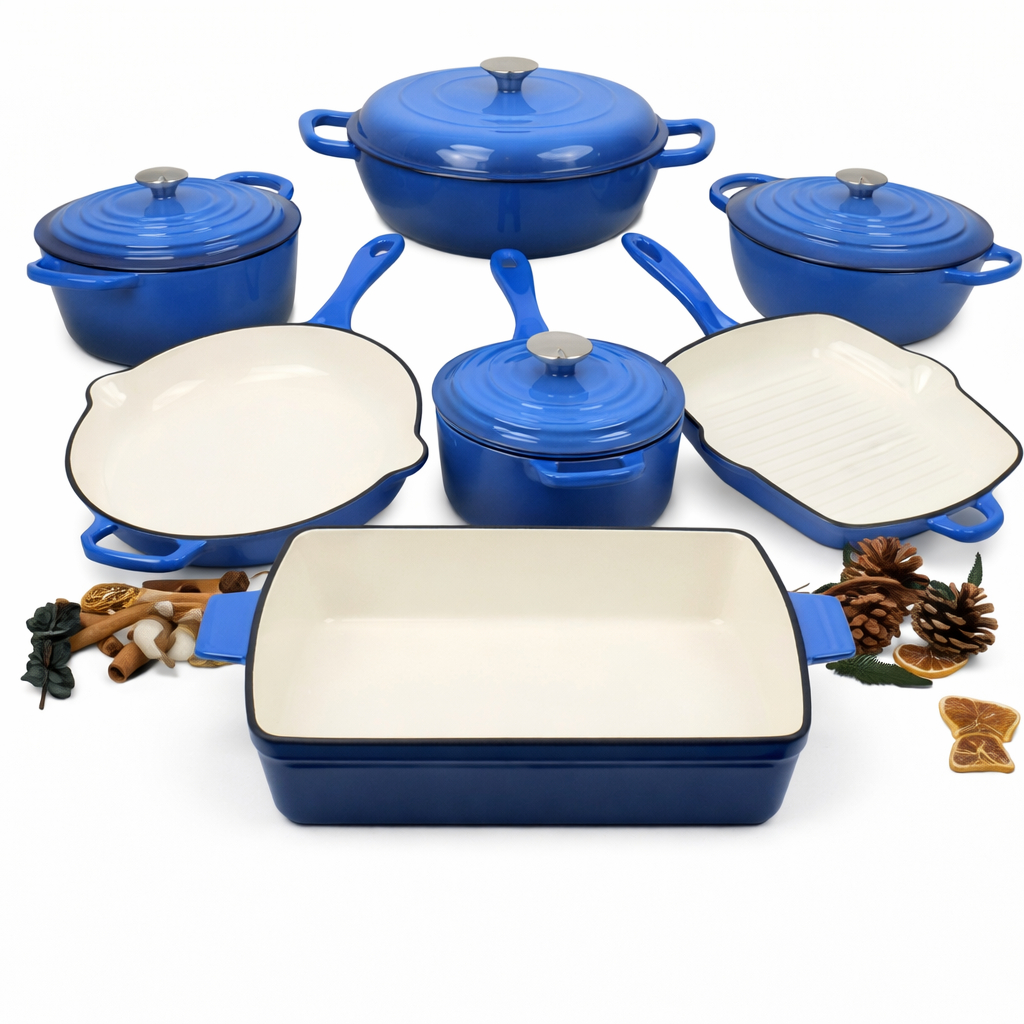 Imagem Kit Jogo De Panela Ferro Fundido Esmaltado Premium Gourmet Azul - 11 Peças Qualidade Durabilidade