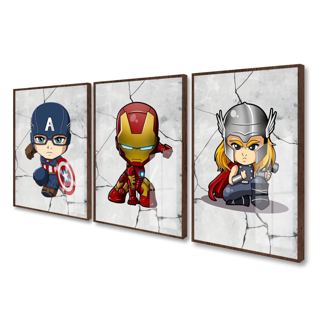 Quadro Moldura e Vidro Três Peças Heróis Capitão América Homem Ferro Thor Decoração Quarto Infantil