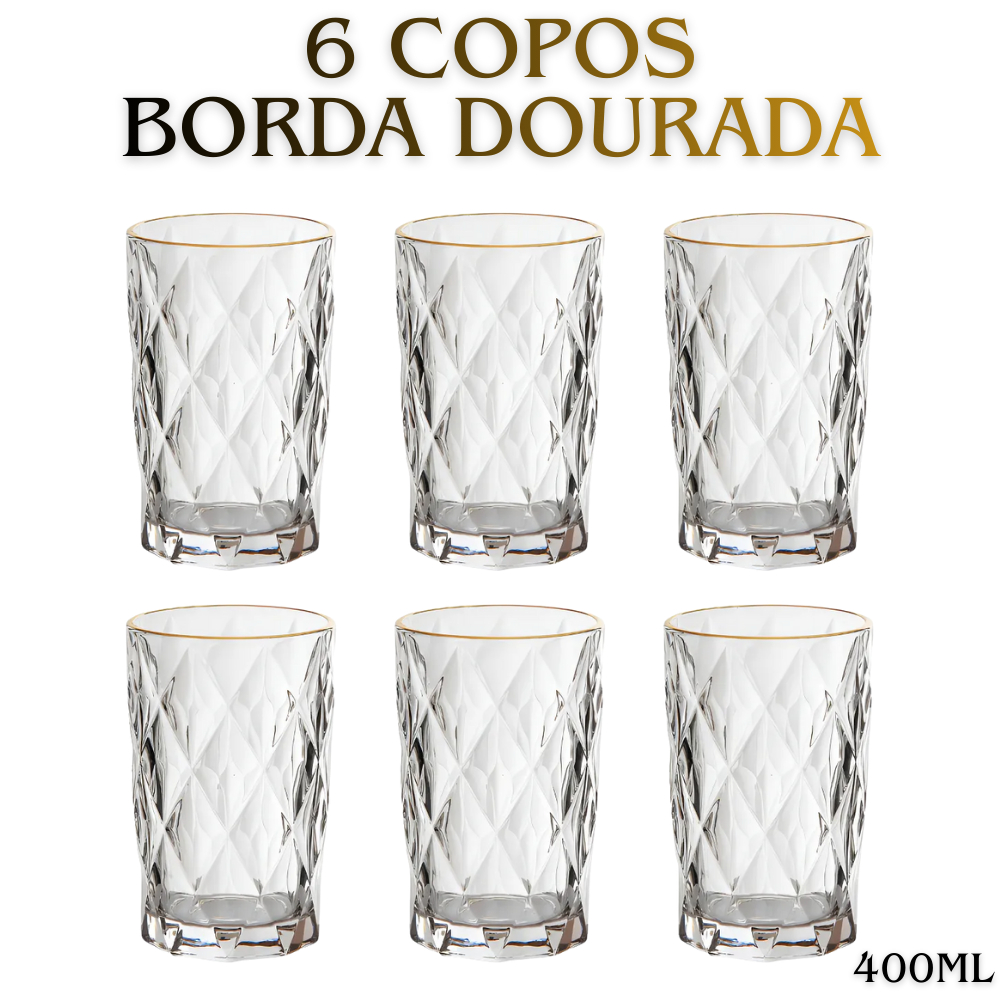 Jogo 6 Copos Altos 400ml Borda Dourada Diamond Clear Transparente Com Borda Dourada em Oferta na Shopee
