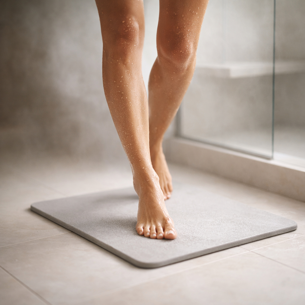 Tapete de Banheiro em Pedra Diatomita Lyor Cinza 60cm Antiderrapante Secagem Rápida