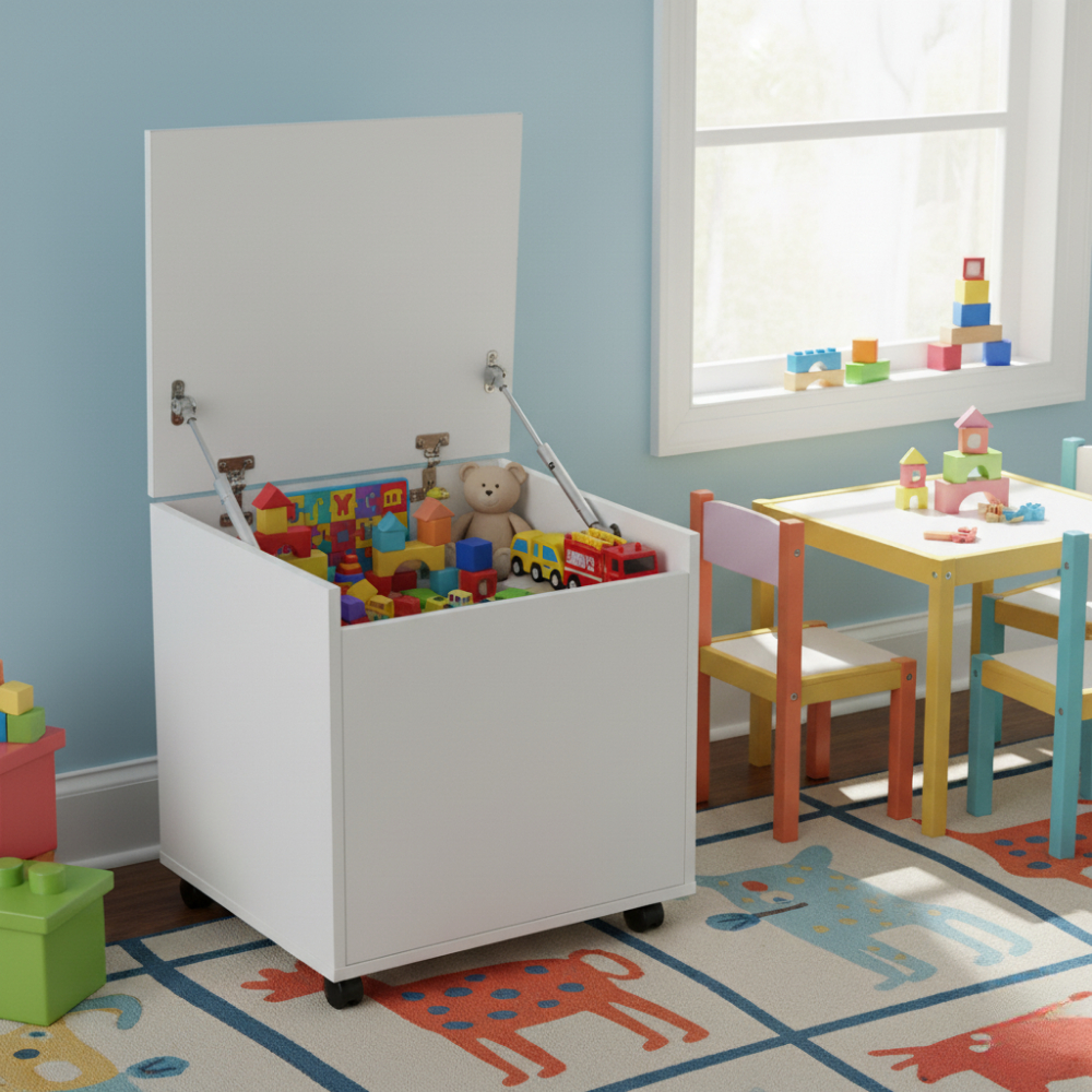 Baú Infantil Porta Brinquedos Rodízios Branco MDF Quarto Criança Organizador Tampa Compacto Caixa