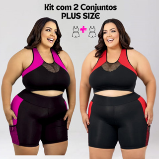 Kit 2 Conjunto Fitness Plus Size Feminino Top + Short Cintura Alta Comprensão Tecido Grosso Academia em Oferta na Shopee